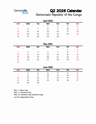 Democratic Republic of the Congo Quarter 2  2026 calendar template