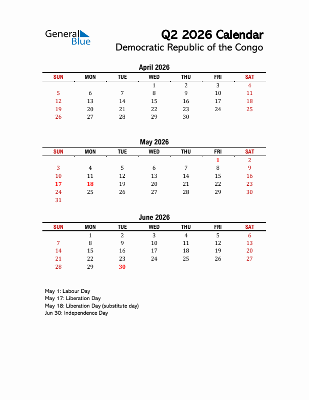 2026 Q2 Calendar with Holidays List for Democratic Republic of the Congo