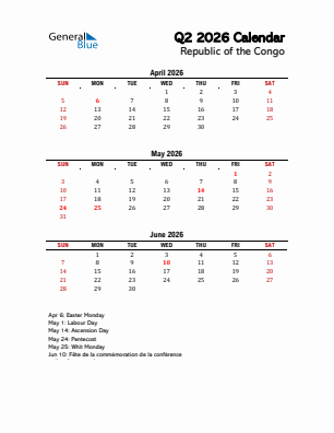 Republic of the Congo Quarter 2  2026 calendar template