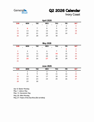 Ivory Coast Quarter 2  2026 calendar template