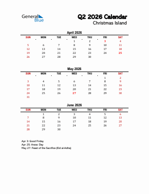 Christmas Island Quarter 2  2026 calendar template
