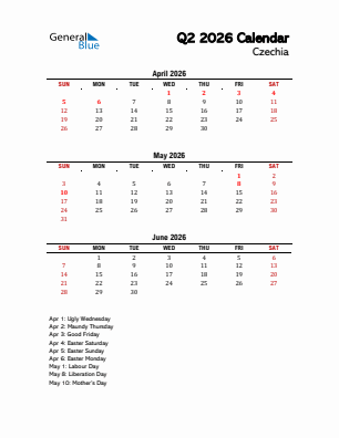 Czechia Quarter 2  2026 calendar template