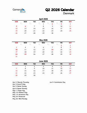 Denmark Quarter 2  2026 calendar template