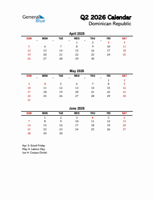 Dominican Republic Quarter 2  2026 calendar template
