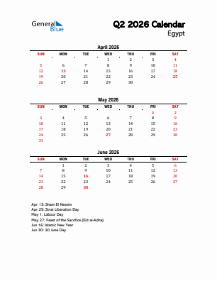 Egypt Quarter 2  2026 calendar template