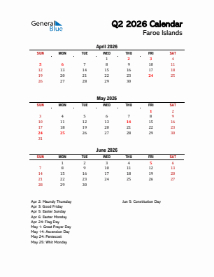 Faroe Islands Quarter 2  2026 calendar template