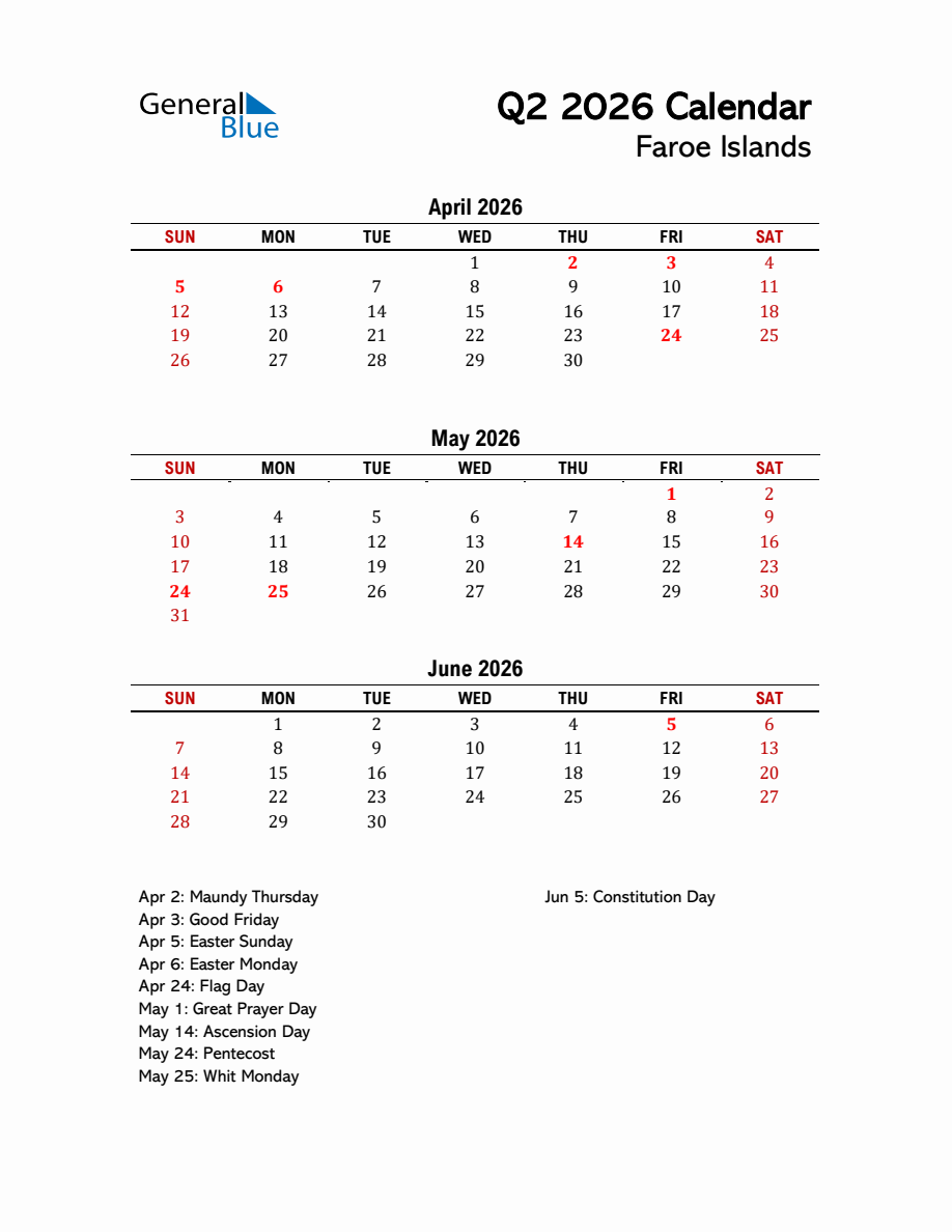 2026 Q2 Calendar with Holidays List for Faroe Islands