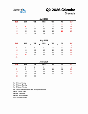 Grenada Quarter 2  2026 calendar template