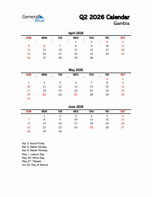 Gambia Quarter 2  2026 calendar template