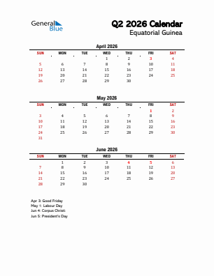 Equatorial Guinea Quarter 2  2026 calendar template