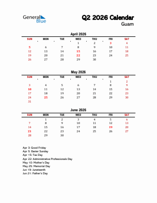 Guam Quarter 2  2026 calendar template