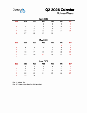 Guinea-Bissau Quarter 2  2026 calendar template