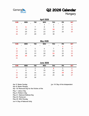 Hungary Quarter 2  2026 calendar template