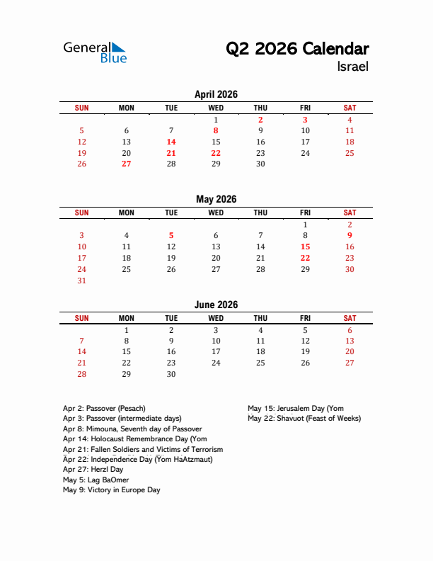 2026 Q2 Calendar with Holidays List for Israel