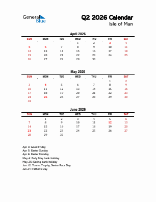 Isle of Man Quarter 2  2026 calendar template