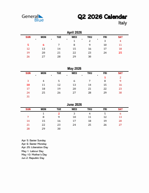 Italy Quarter 2  2026 calendar template
