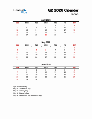 Japan Quarter 2  2026 calendar template