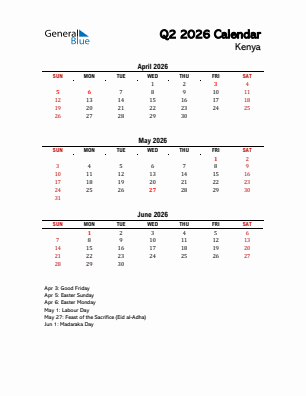 Kenya Quarter 2  2026 calendar template