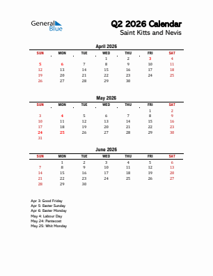 Saint Kitts and Nevis Quarter 2  2026 calendar template