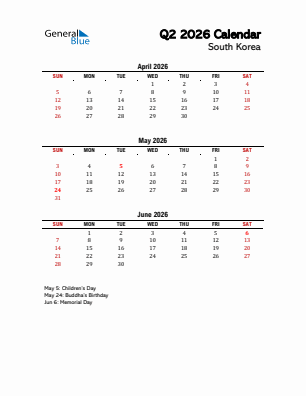 South Korea Quarter 2  2026 calendar template