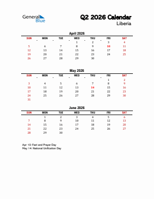 Liberia Quarter 2  2026 calendar template