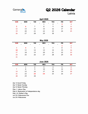 Latvia Quarter 2  2026 calendar template
