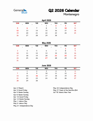 Montenegro Quarter 2  2026 calendar template