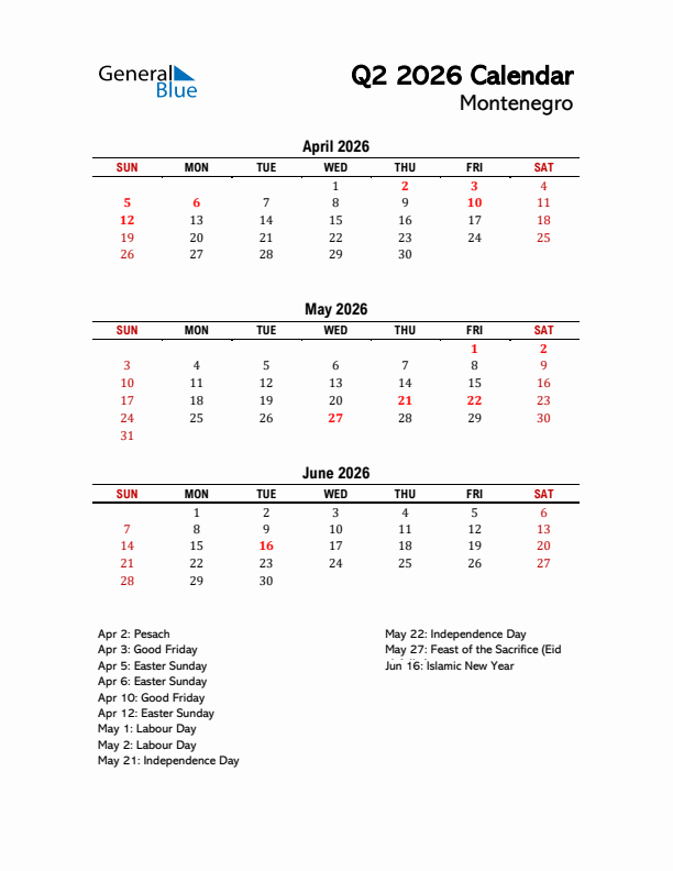 2026 Q2 Calendar with Holidays List for Montenegro