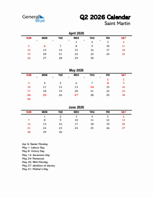 Saint Martin Quarter 2  2026 calendar template