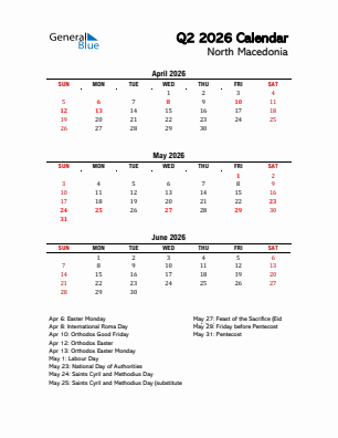 North Macedonia Quarter 2  2026 calendar template