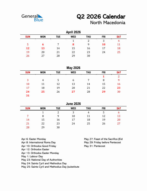 2026 Q2 Calendar with Holidays List for North Macedonia