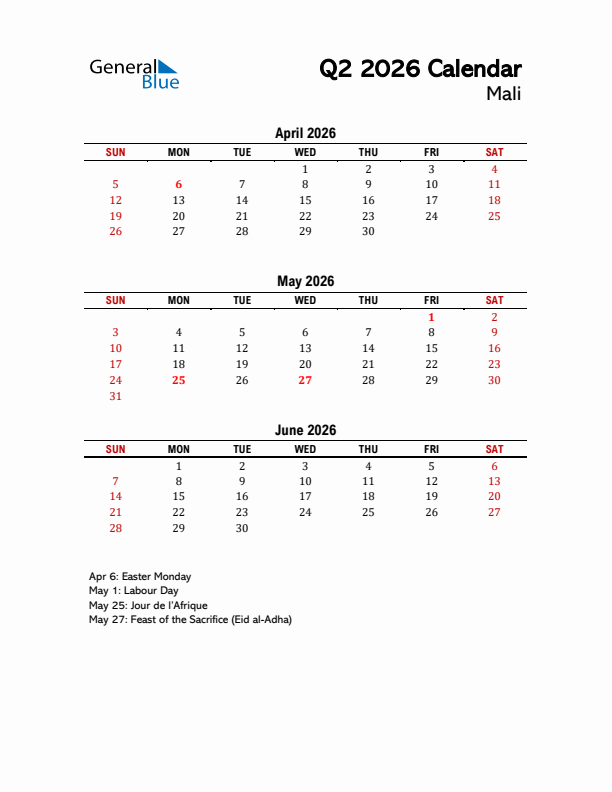 2026 Q2 Calendar with Holidays List for Mali
