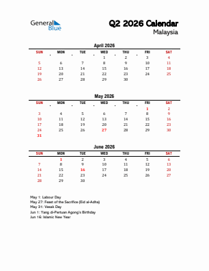 Malaysia Quarter 2  2026 calendar template