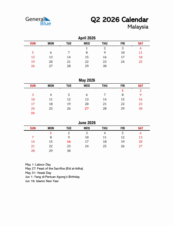 2026 Q2 Calendar with Holidays List for Malaysia