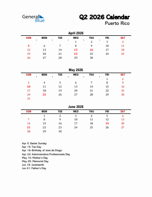 Puerto Rico Quarter 2  2026 calendar template
