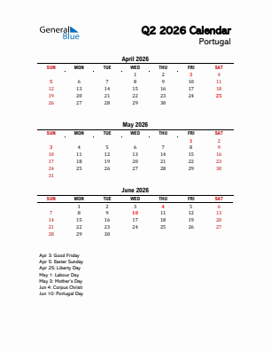 Portugal Quarter 2  2026 calendar template
