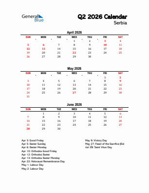Serbia Quarter 2  2026 calendar template