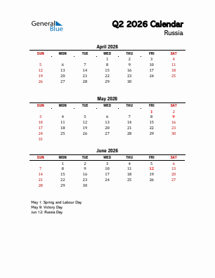 Russia Quarter 2  2026 calendar template