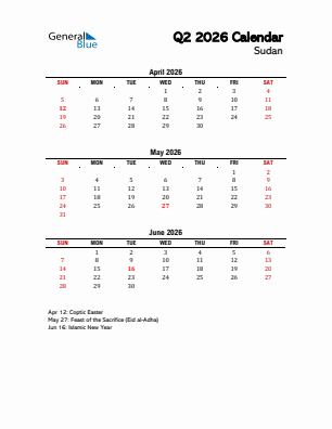 Sudan Quarter 2  2026 calendar template