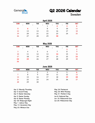 Sweden Quarter 2  2026 calendar template