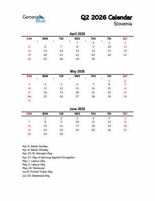 Slovenia Quarter 2  2026 calendar template