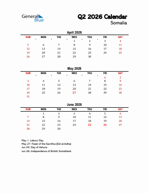 Somalia Quarter 2  2026 calendar template