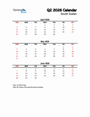 South Sudan Quarter 2  2026 calendar template