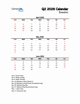 Eswatini Quarter 2  2026 calendar template