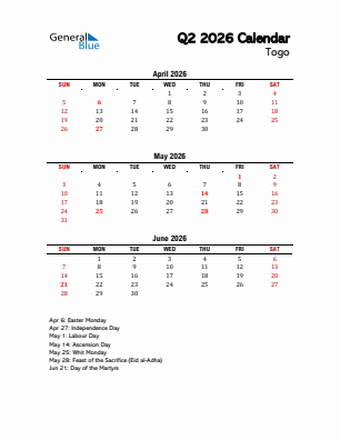 Togo Quarter 2  2026 calendar template