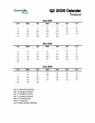 Thailand Quarter 2  2026 calendar template