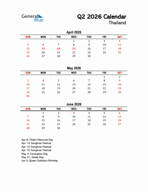 2026 Q2 Calendar with Holidays List for Thailand