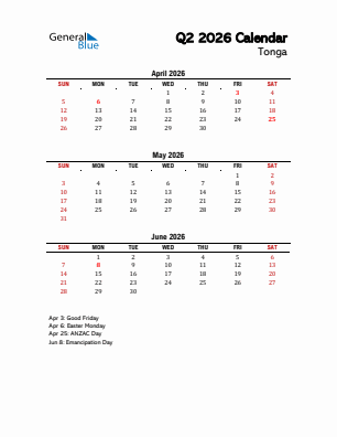Tonga Quarter 2  2026 calendar template