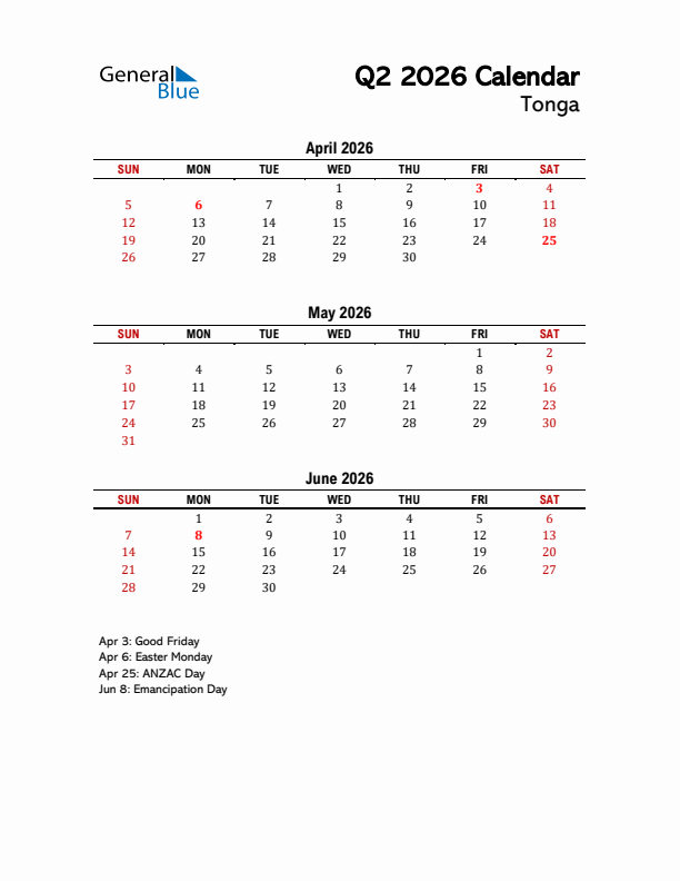 2026 Q2 Calendar with Holidays List for Tonga