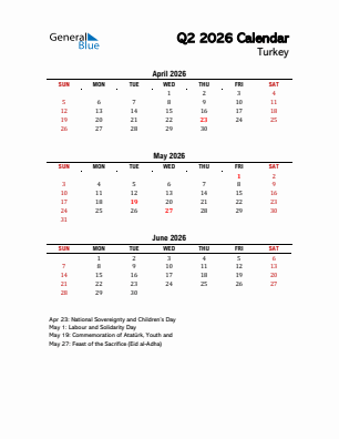 Turkey Quarter 2  2026 calendar template